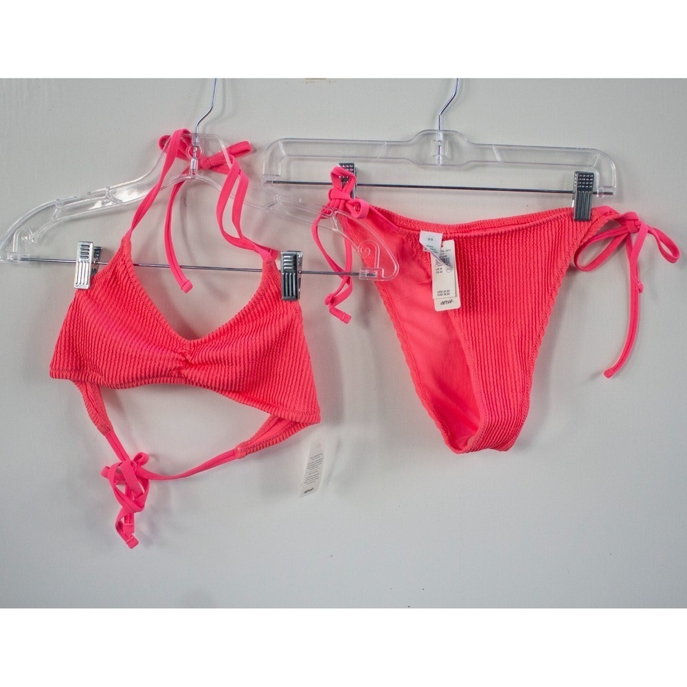 NEW WITH TAGS Aerie HOT PINK Crinkle Halter Cheekiest Bikini Set Size Medium